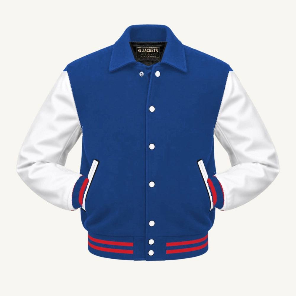 G Jackets Fold-Collar Wool & Genuine Leather Jacket, Royal Blue/White - Red Trim, front view