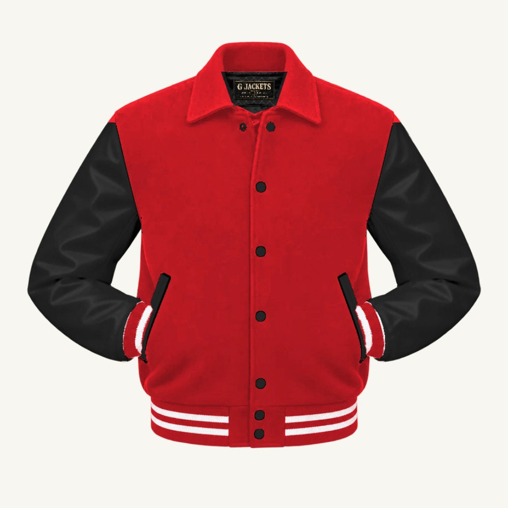 G Jackets Fold-Collar Wool & Genuine Leather Jacket, Red/Black - White Trim, front view