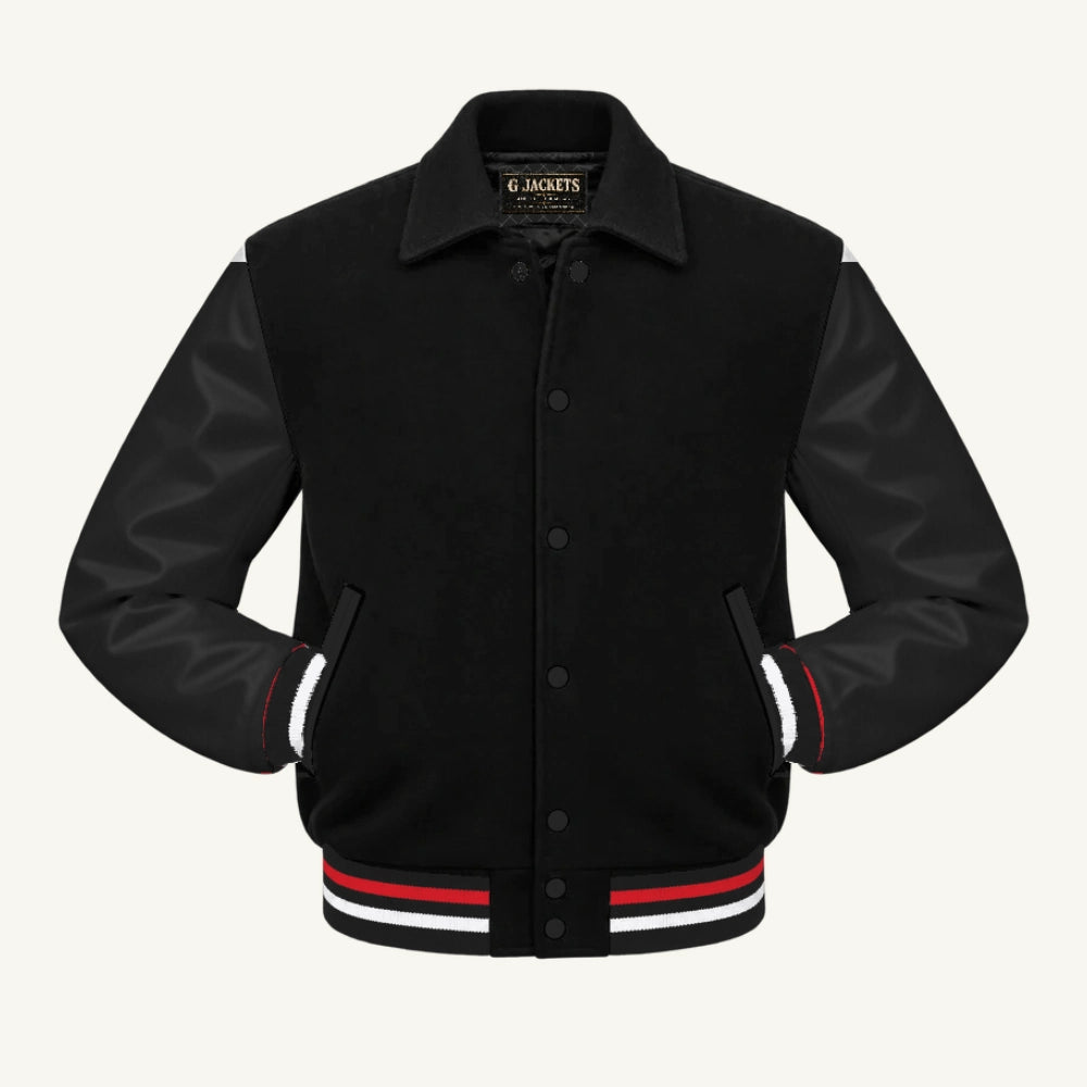 G Jackets Fold-Collar Wool & Genuine Leather Jacket, Black/Black - Red/White Trim, front view