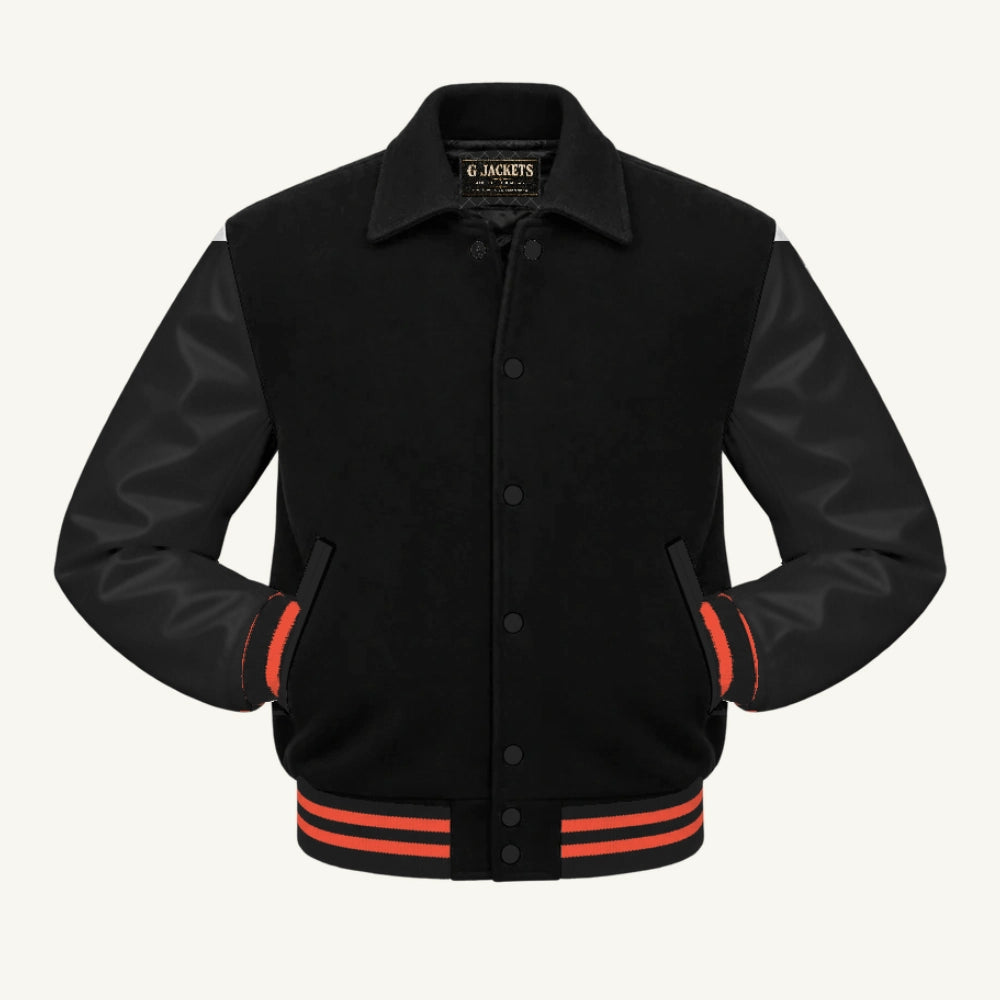 G Jackets Fold-Collar Wool & Genuine Leather Jacket, Black/Black - Orange Trim, front view
