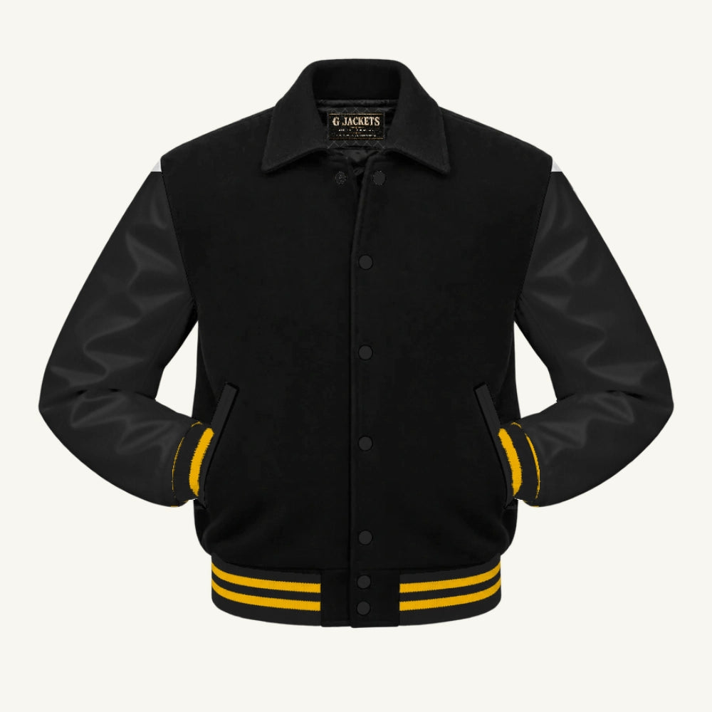 G Jackets Fold-Collar Wool & Genuine Leather Jacket, Black/Black - Gold Trim, front view