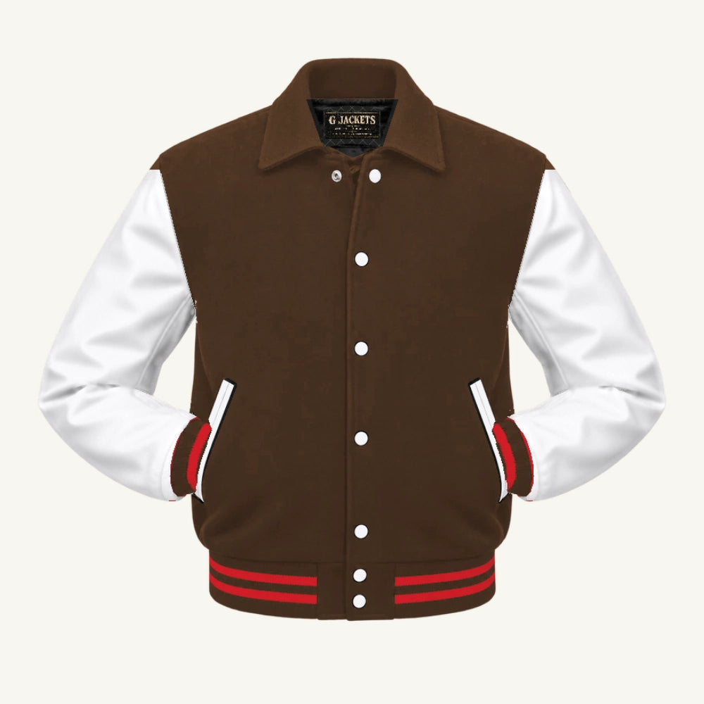 G Jackets Fold-Collar Wool & Genuine Leather Jacket, Brown/White - Red Trim, front view