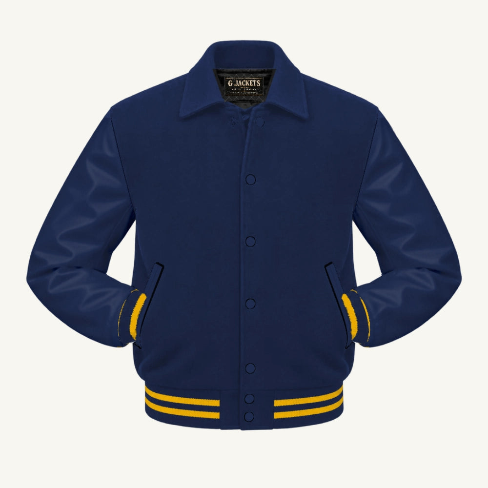 G Jackets Fold-Collar Wool & Genuine Leather Jacket, Navy Blue/Navy Blue - Gold Trim, front view