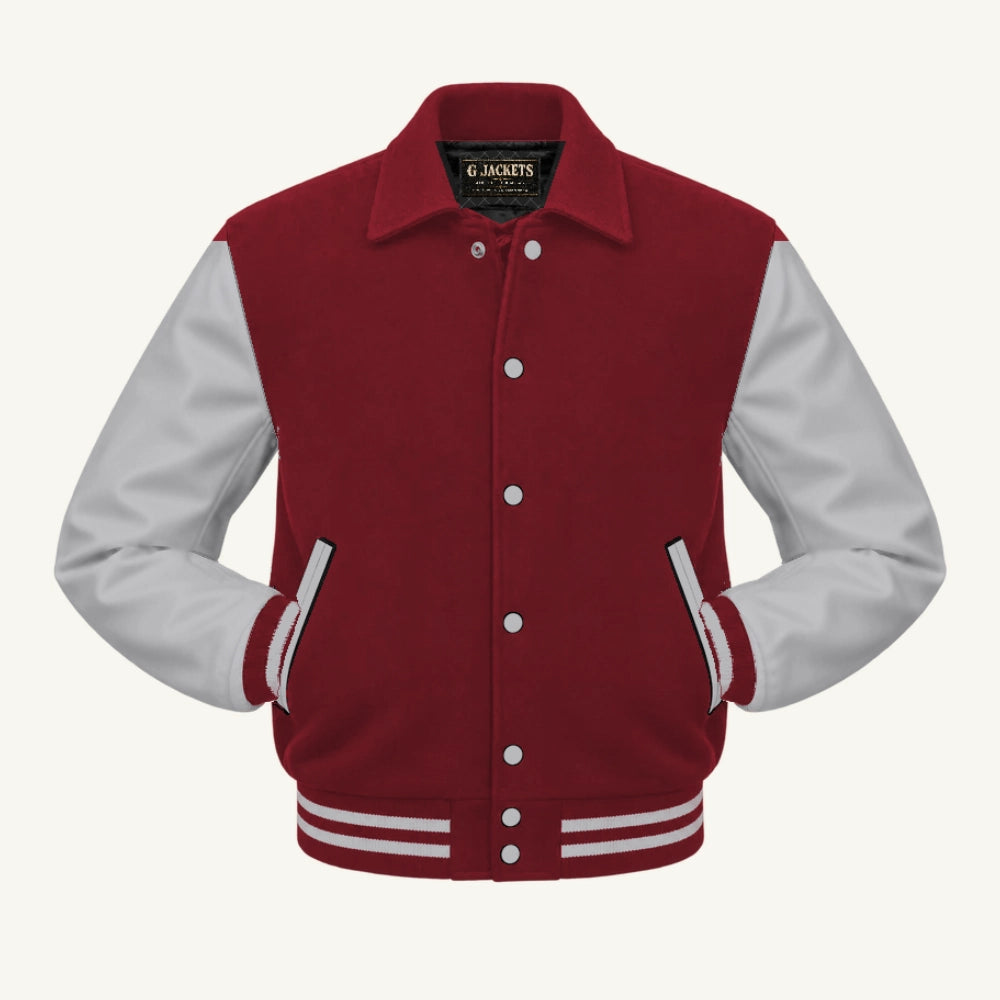 G Jackets Fold-Collar Wool & Genuine Leather Jacket, Cardinal/Grey, front view