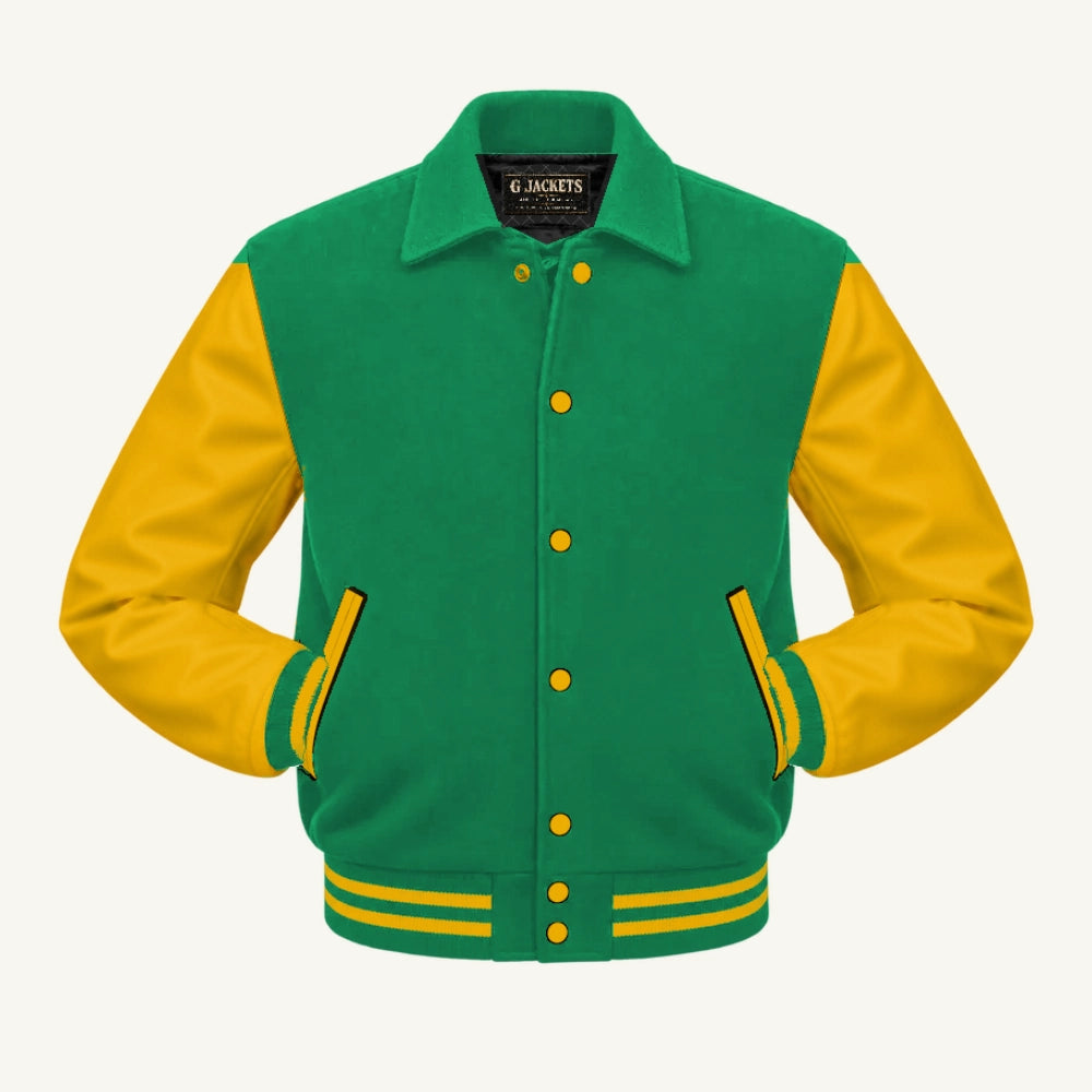 G Jackets Fold-Collar Wool & Genuine Leather Jacket, Kelly Green/Gold, front view