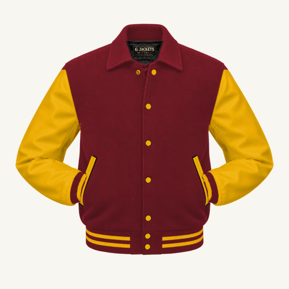 G Jackets Fold-Collar Wool & Genuine Leather Jacket, Cardinal/Gold, front view