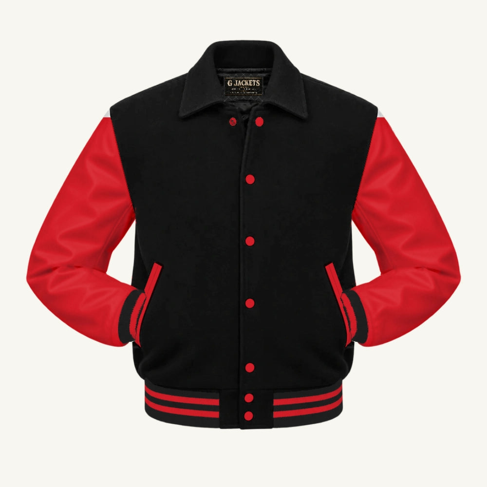 G Jackets Fold-Collar Wool & Genuine Leather Jacket, Black/Red, front view