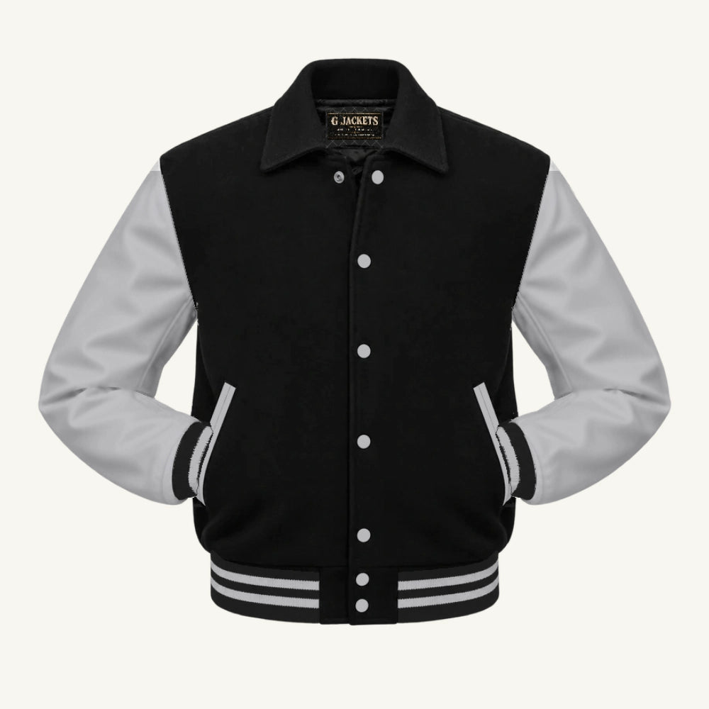 G Jackets Fold-Collar Wool & Genuine Leather Jacket, Black/Grey, front view