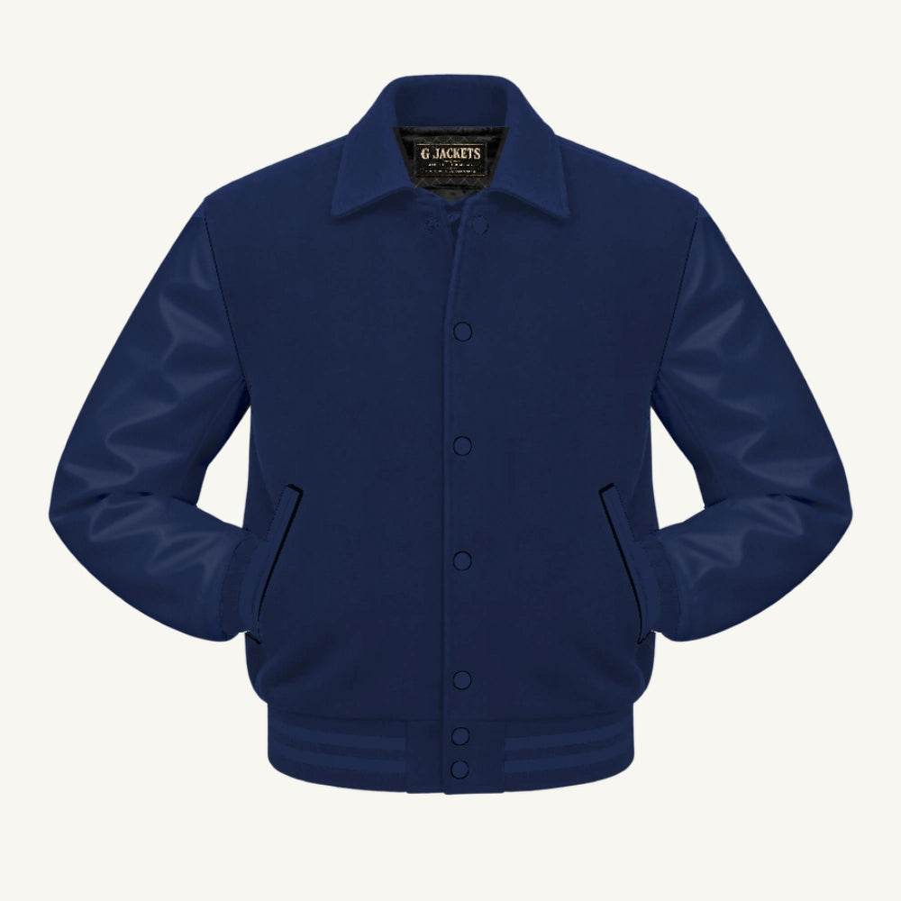G Jackets Fold-Collar Wool & Genuine Leather Jacket, Solid Navy, front view