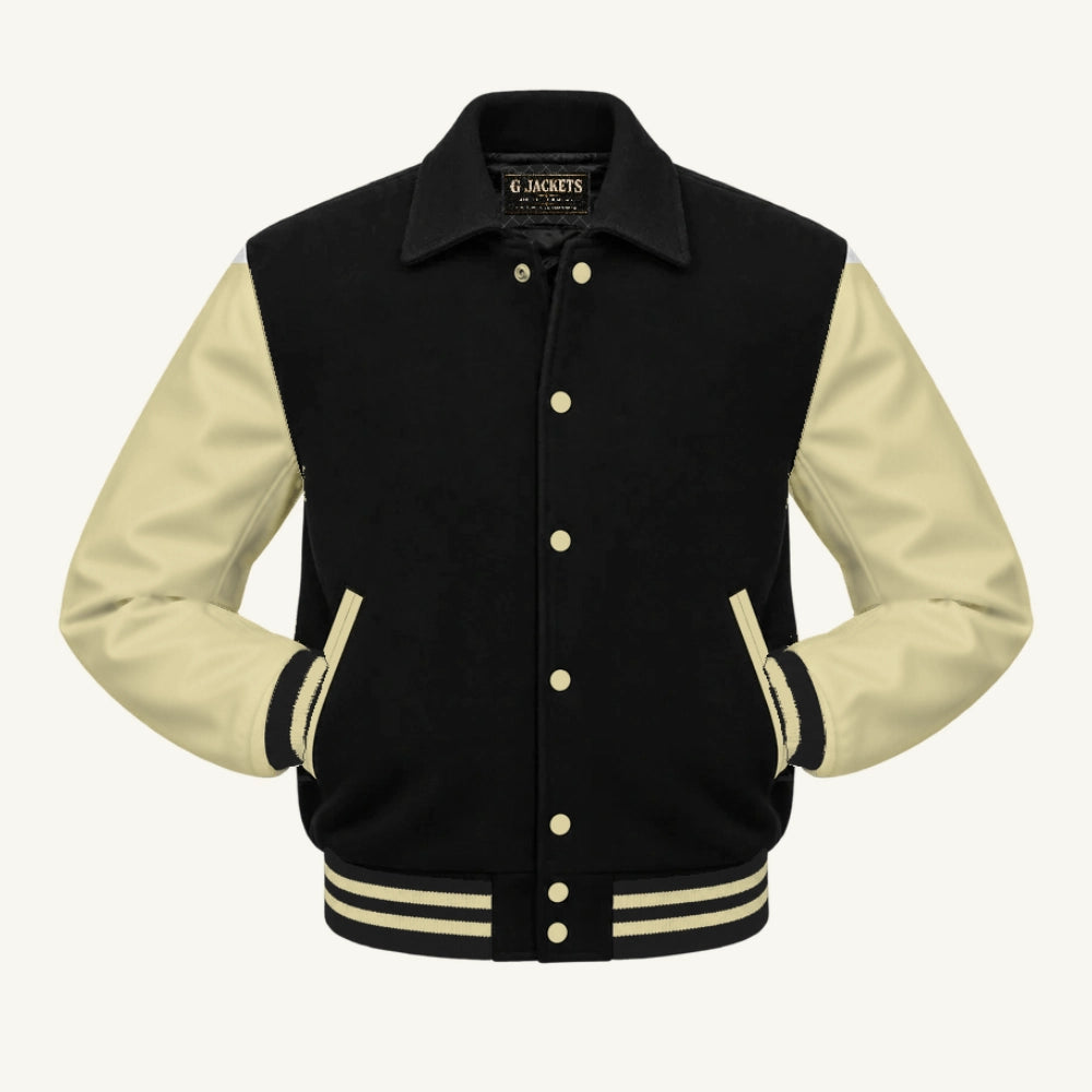 G Jackets Fold-Collar Wool & Genuine Leather Jacket, Black/Natural - Cream Trim, front view