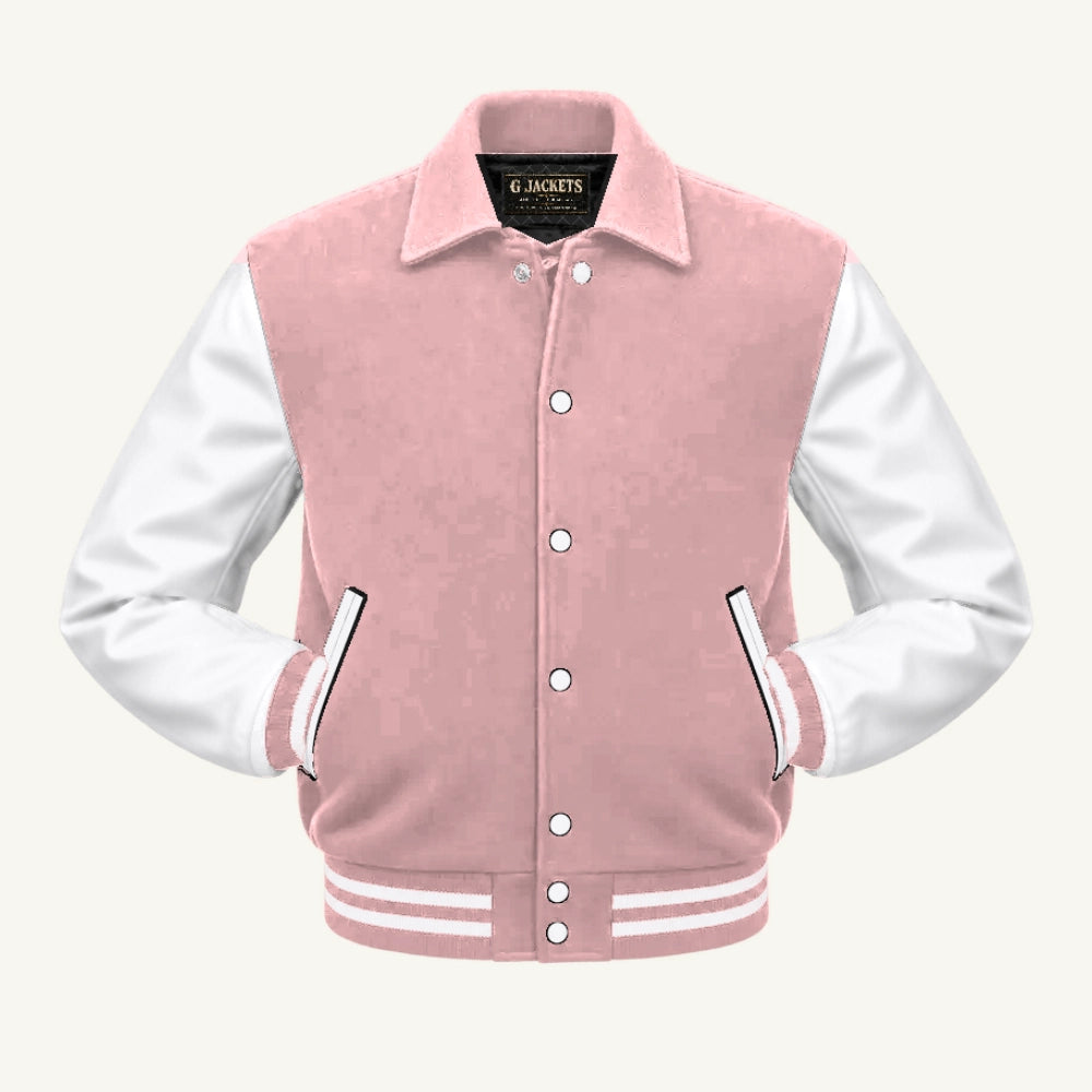 G Jackets Fold-Collar Wool & Genuine Leather Jacket, Pink/White, front view