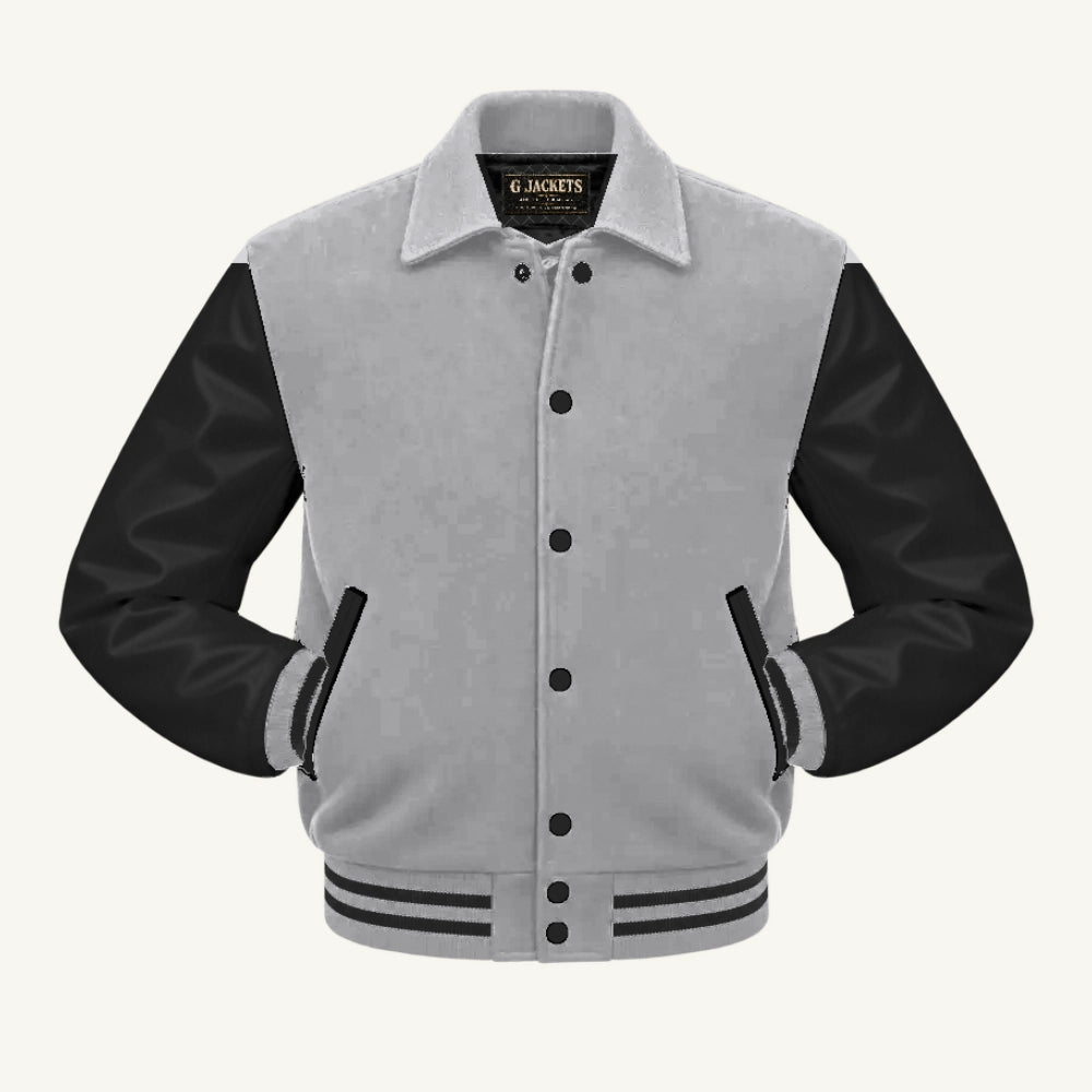 G Jackets Fold-Collar Wool & Genuine Leather Jacket, Grey/Black, front view