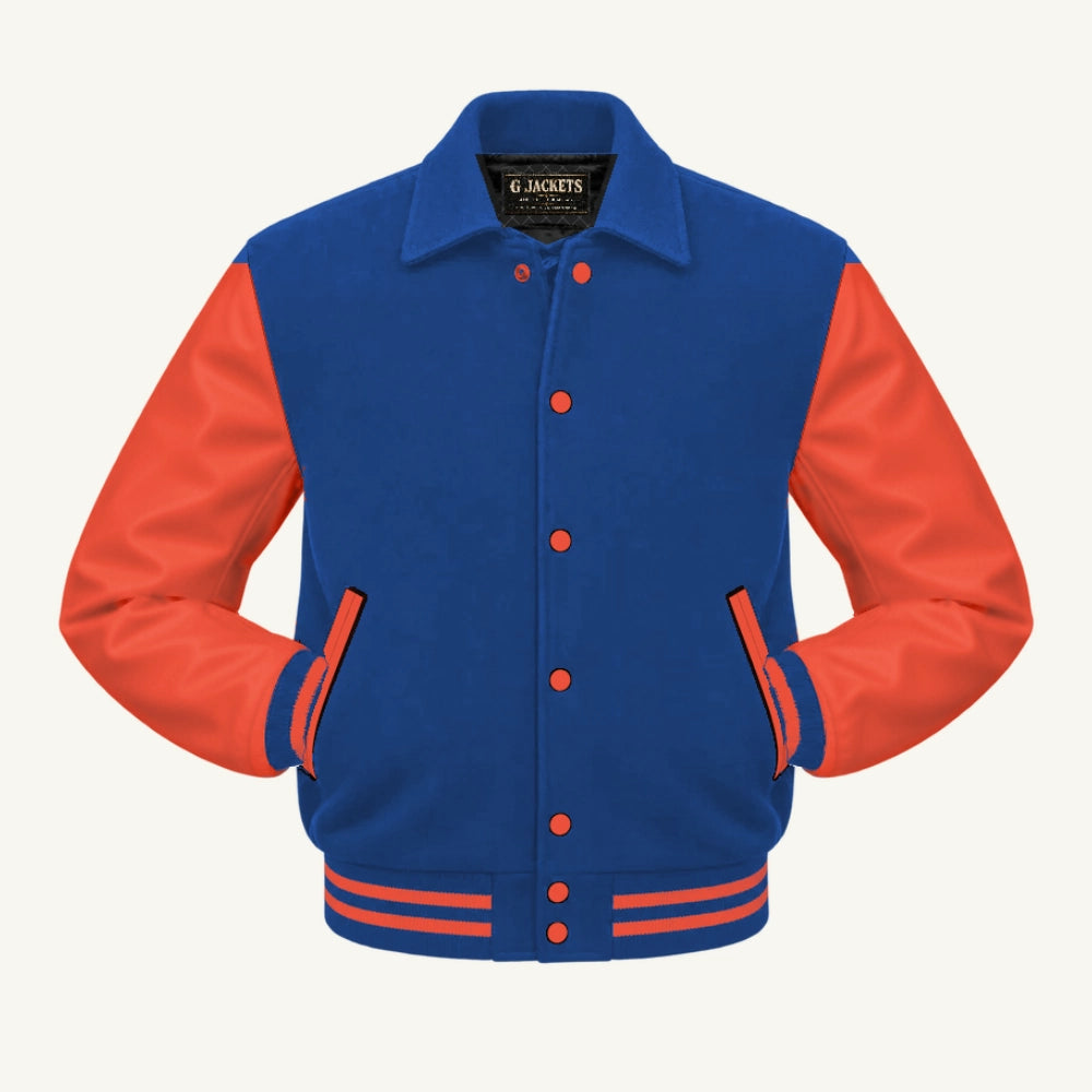 G Jackets Fold-Collar Wool & Genuine Leather Jacket, Royal Blue/Orange, front view