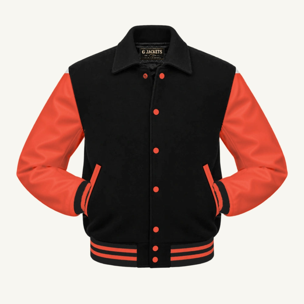 G Jackets Fold-Collar Wool & Genuine Leather Jacket, Black/Orange, front view