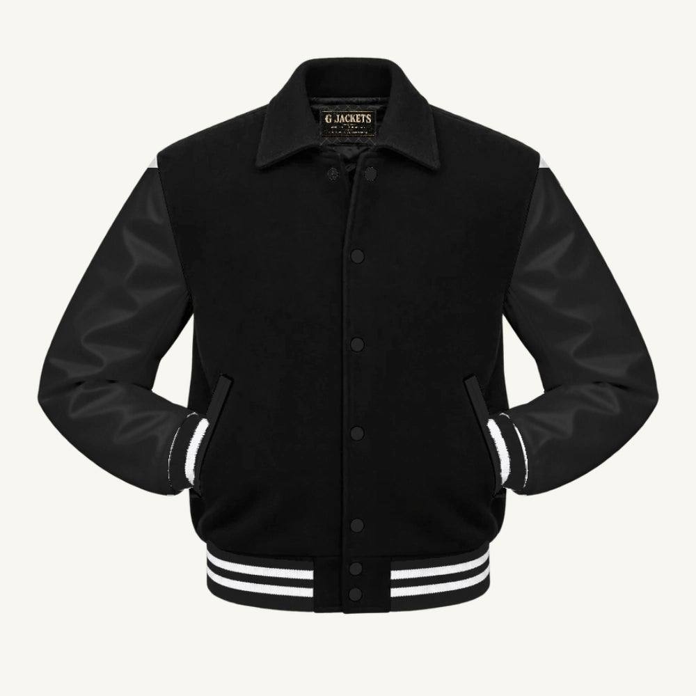 G Jackets Fold-Collar Wool & Genuine Leather Jacket, Black/Black - White Trim, front view