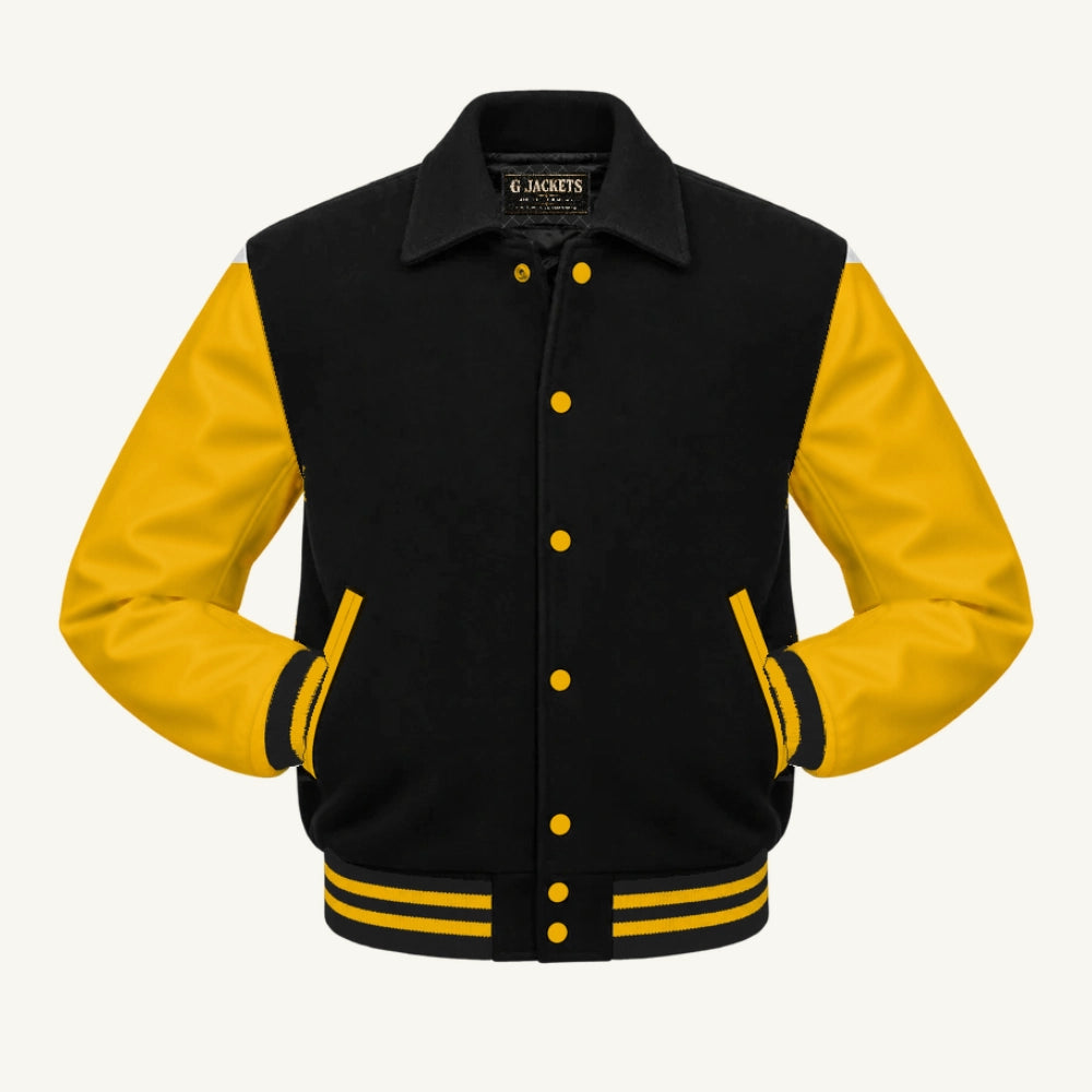 G Jackets Fold-Collar Wool & Genuine Leather Jacket, Black/Gold, front view