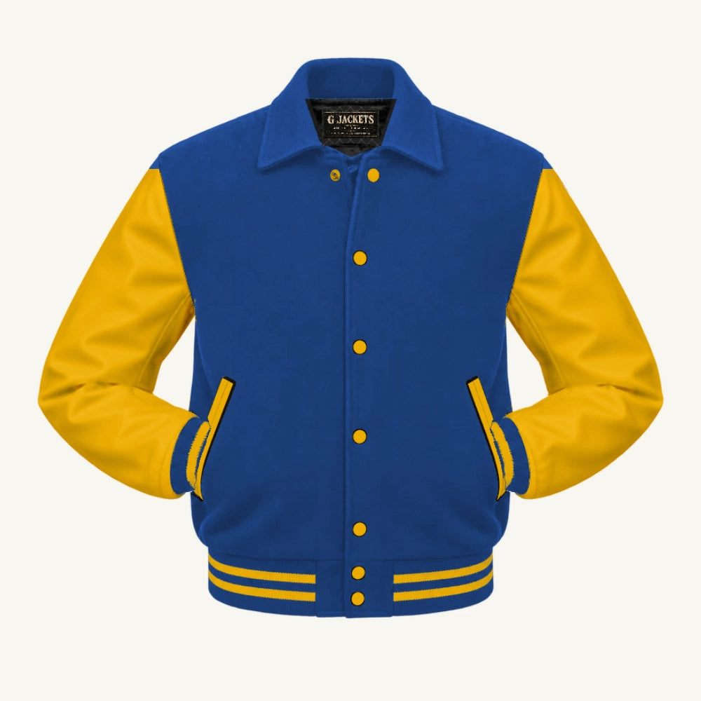 G Jackets Fold-Collar Wool & Genuine Leather Jacket, Royal Blue/Gold, front view