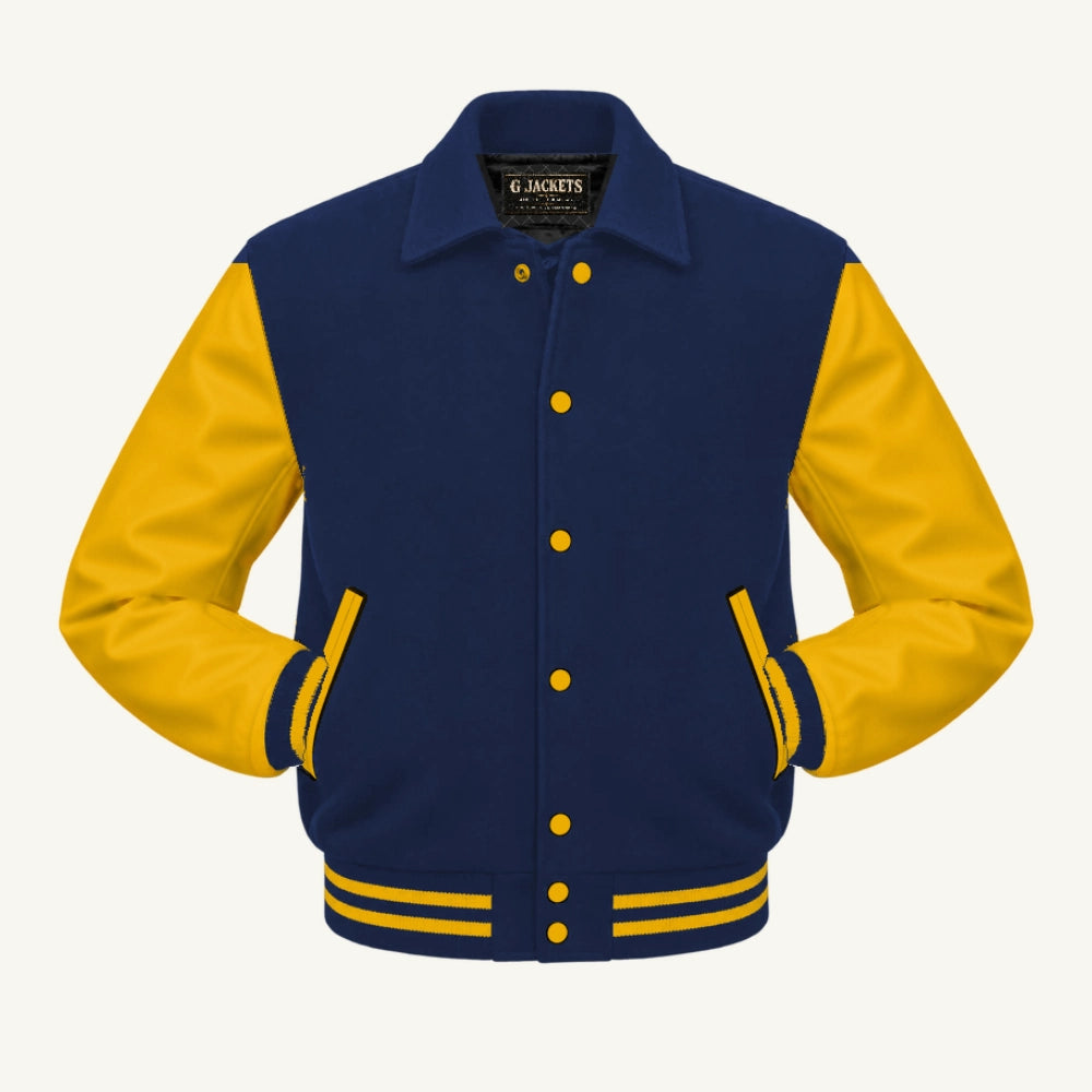 G Jackets Fold-Collar Wool & Genuine Leather Jacket, Navy Blue/Gold, front view