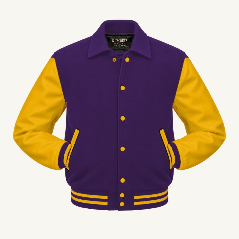 G Jackets Fold-Collar Wool & Genuine Leather Jacket, Purple/Gold, front view