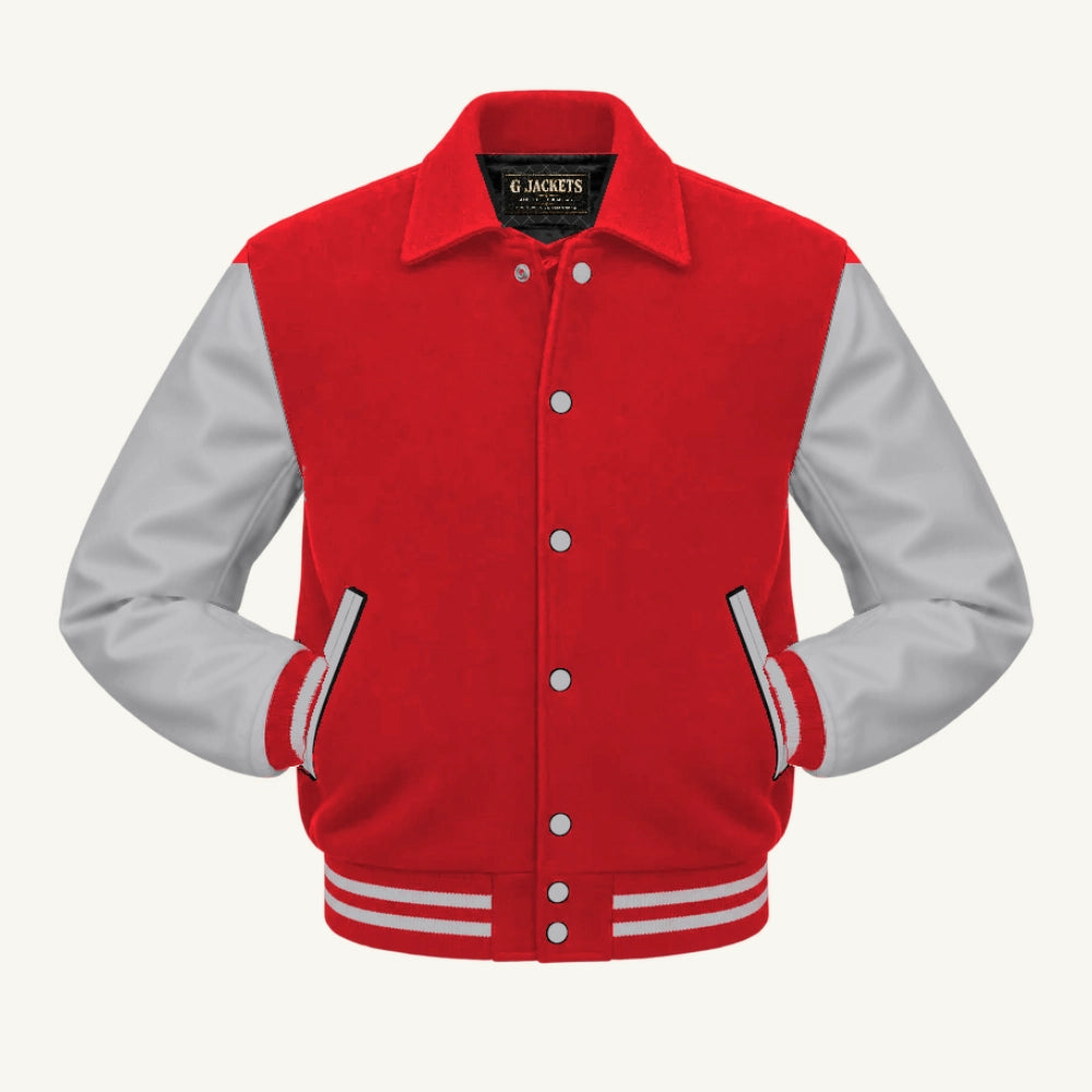 G Jackets Fold-Collar Wool & Genuine Leather Jacket, Red/Grey, front view