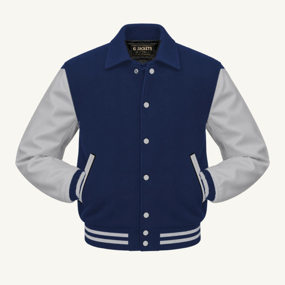 G Jackets Fold-Collar Wool & Genuine Leather Jacket, Navy Blue/Grey, front view