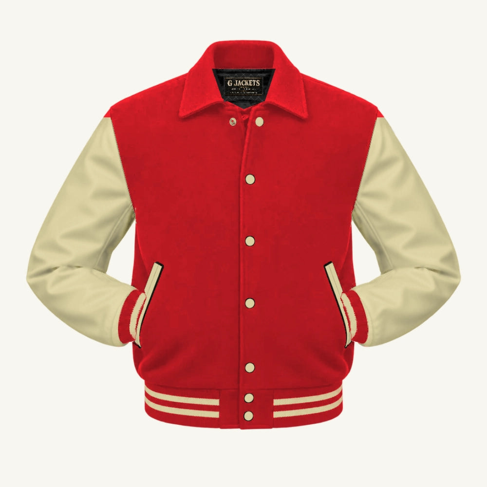 G Jackets Fold-Collar Wool & Genuine Leather Jacket, Red/Natural - Cream Trim, front view