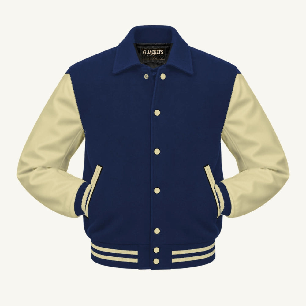 G Jackets Fold-Collar Wool & Genuine Leather Jacket, Navy Blue/Natural, front view