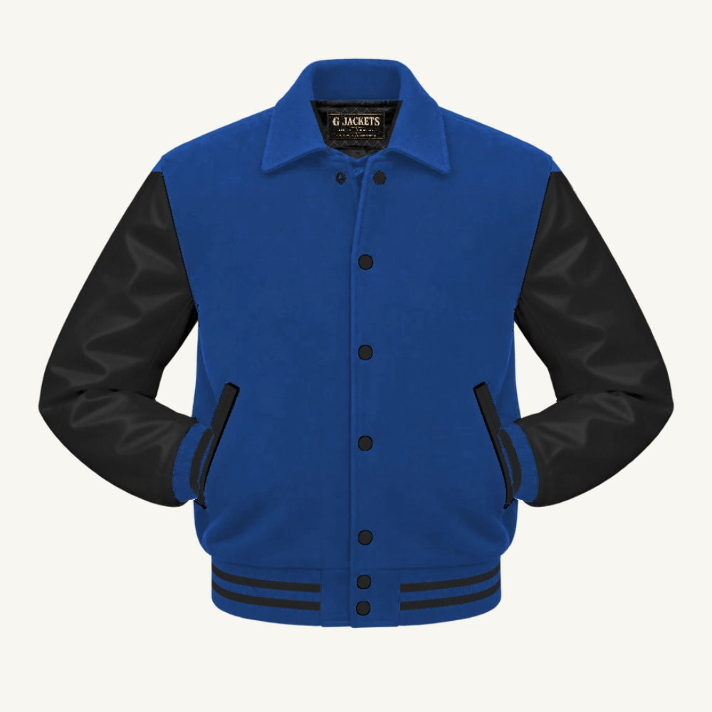 G Jackets Fold-Collar Wool & Genuine Leather Jacket, Royal Blue/Black, front view