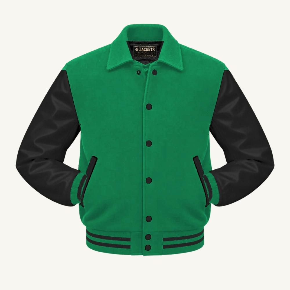 G Jackets Fold-Collar Wool & Genuine Leather Jacket, Kelly Green/Black, front view