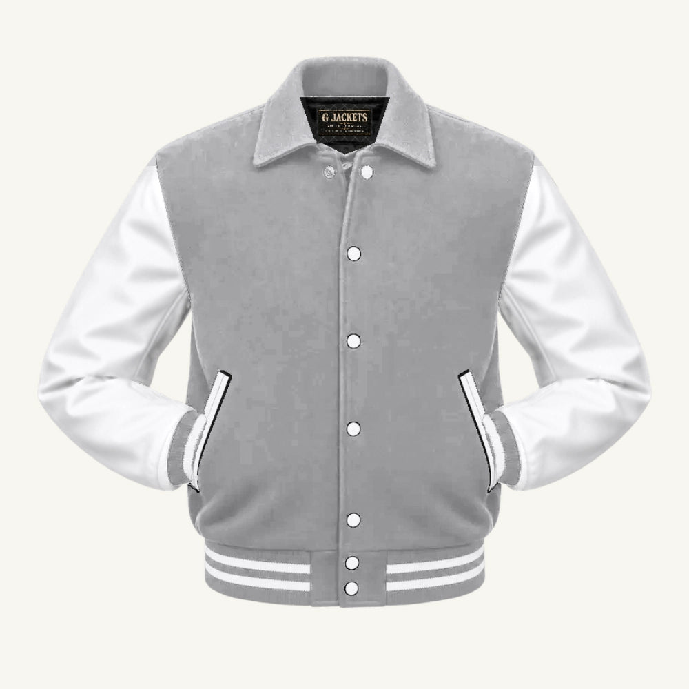 G Jackets Fold-Collar Wool & Genuine Leather Jacket, Grey/White, front view