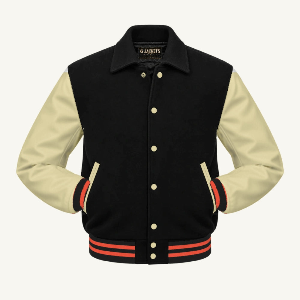 G Jackets Fold-Collar Wool & Genuine Leather Jacket, Black/Natural - Orange Trim, front view