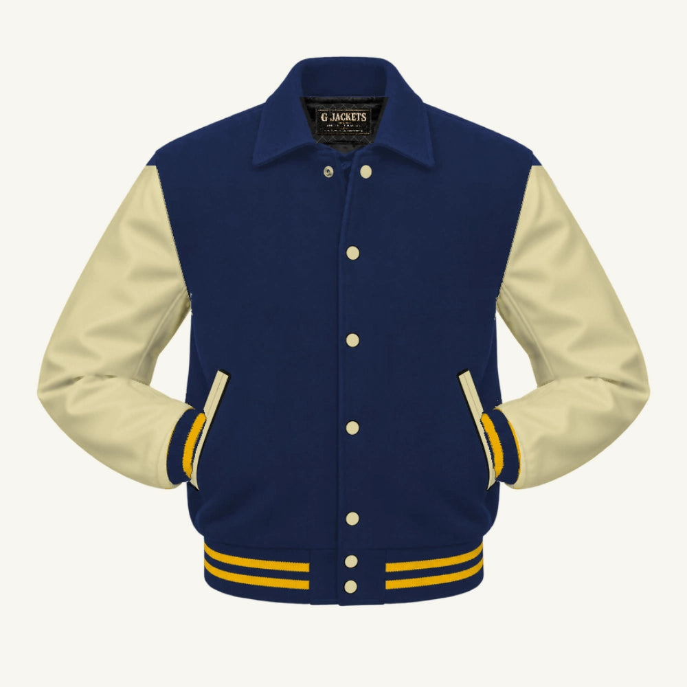 G Jackets Fold-Collar Wool & Genuine Leather Jacket, Navy Blue/Natural - Gold Trim, front view