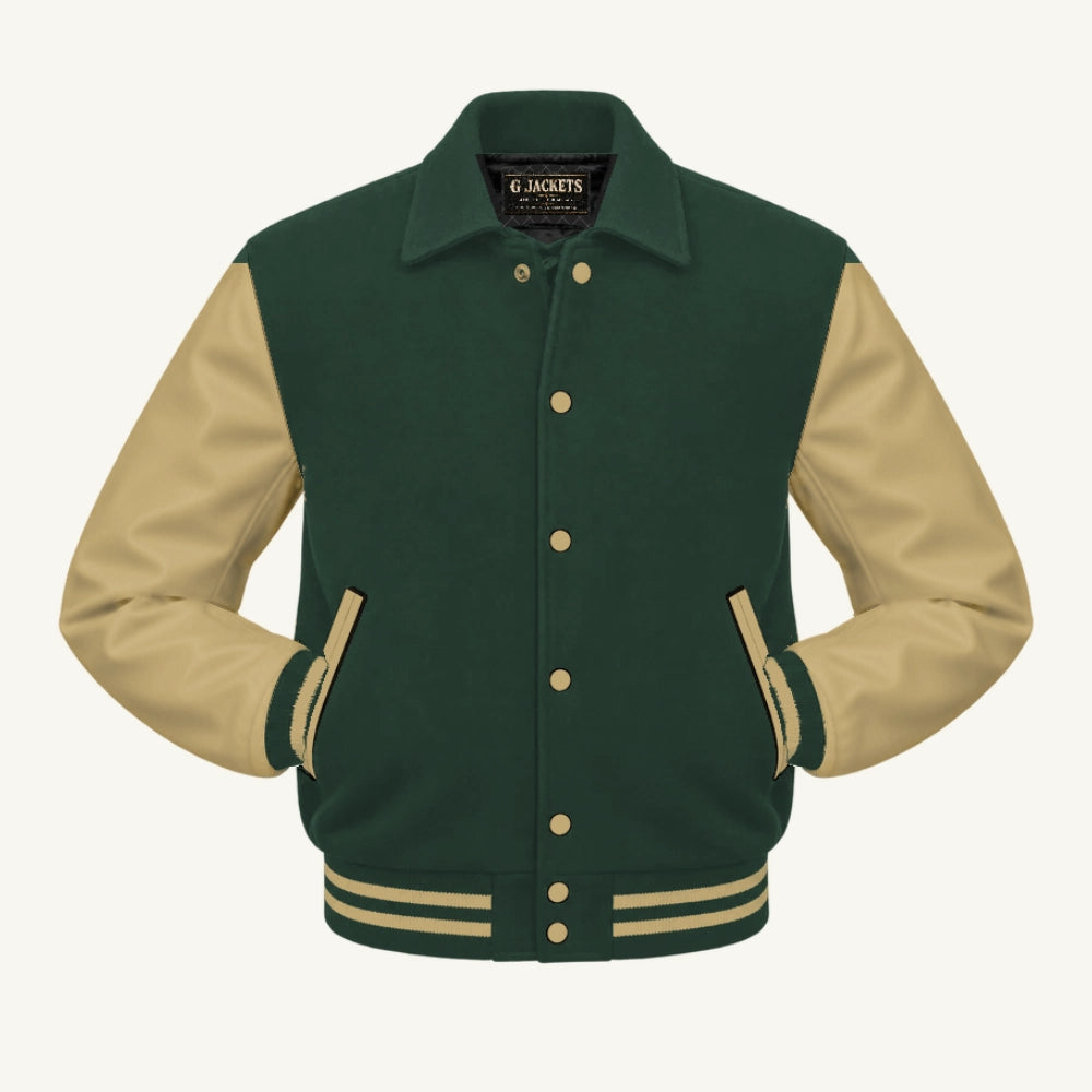 G Jackets Fold-Collar Wool & Genuine Leather Jacket, Forest Green/Tan, front view