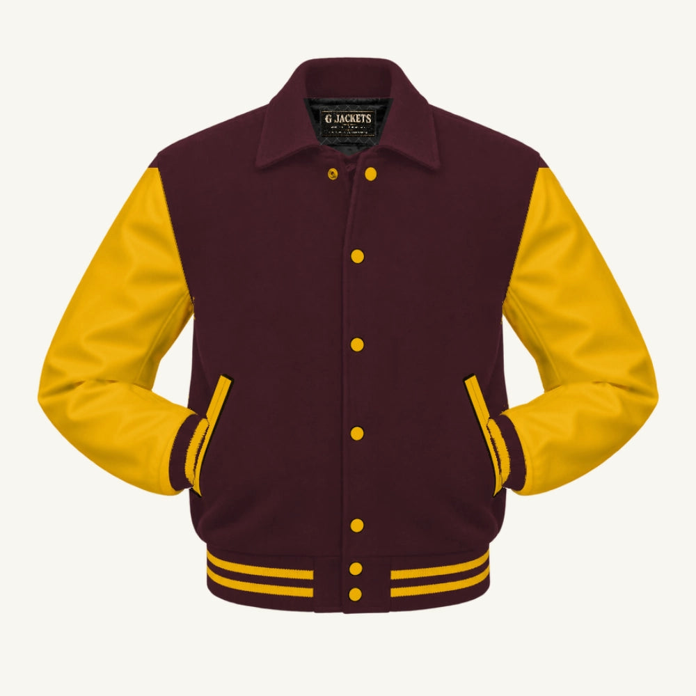 G Jackets Fold-Collar Wool & Genuine Leather Jacket, Maroon/Gold, front view