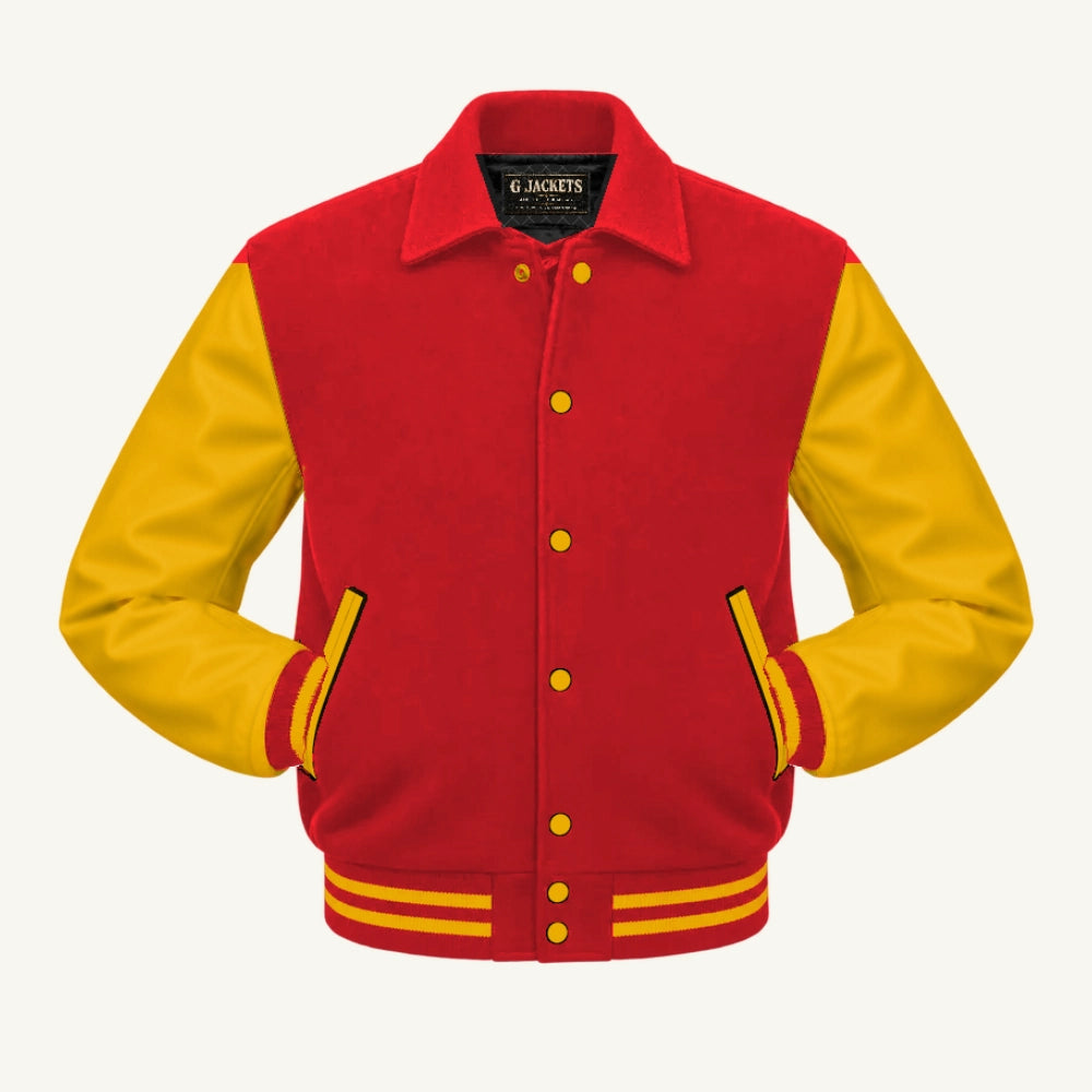 G Jackets Fold-Collar Wool & Genuine Leather Jacket, Red/Gold, front view