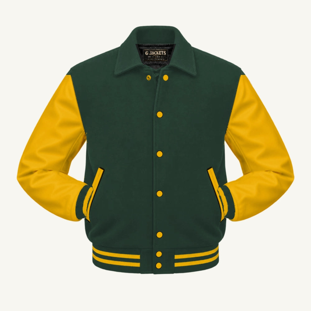 G Jackets Fold-Collar Wool & Genuine Leather Jacket, Forest Green/Gold, front view