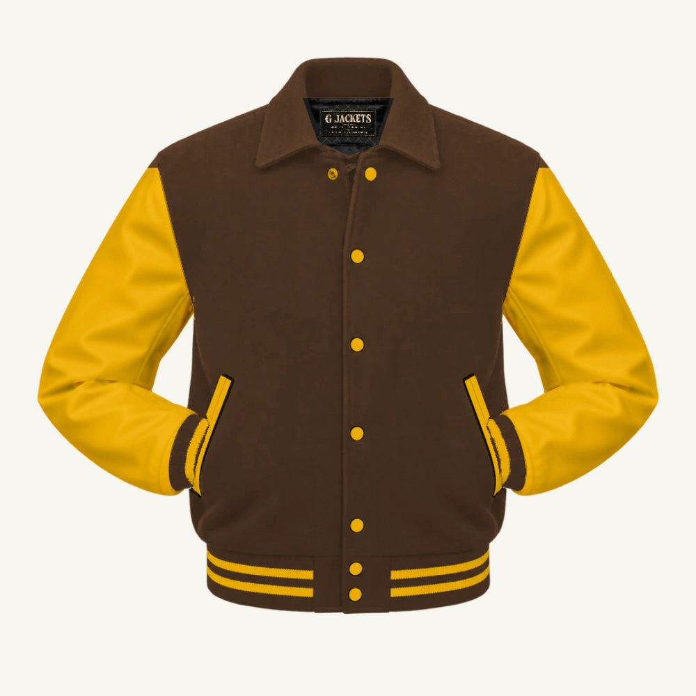 G Jackets Fold-Collar Wool & Genuine Leather Jacket, Brown/Gold, front view