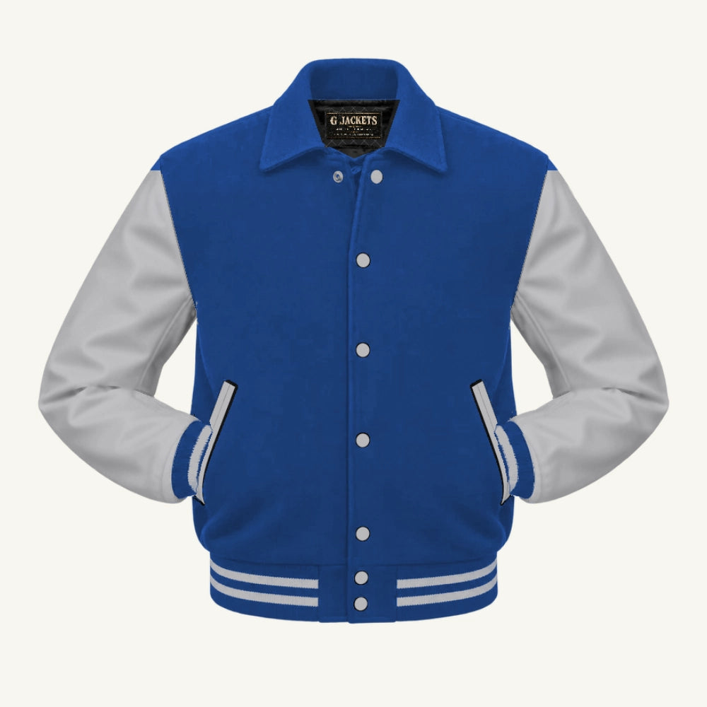 G Jackets Fold-Collar Wool & Genuine Leather Jacket, Royal Blue/Grey, front view