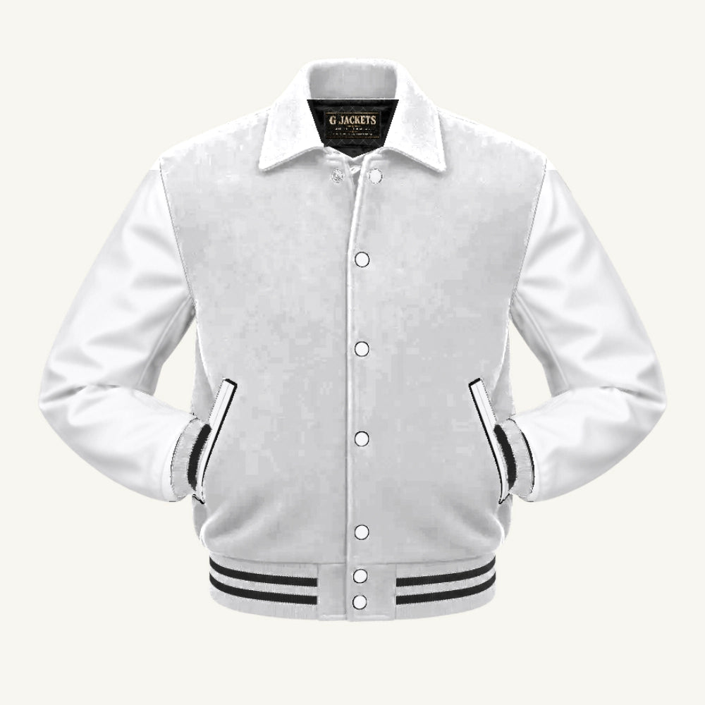 G Jackets Fold-Collar Wool & Genuine Leather Jacket, White/White - Black Trim, front view