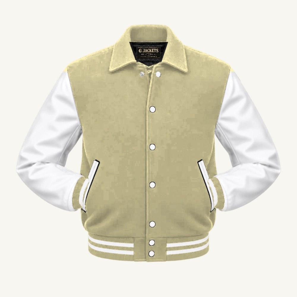 G Jackets Fold-Collar Wool & Genuine Leather Jacket, Cream Natural/White, front view