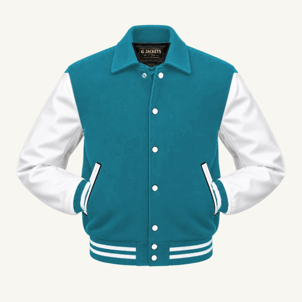 G Jackets Fold-Collar Wool & Genuine Leather Jacket, Teal Blue/White, front view