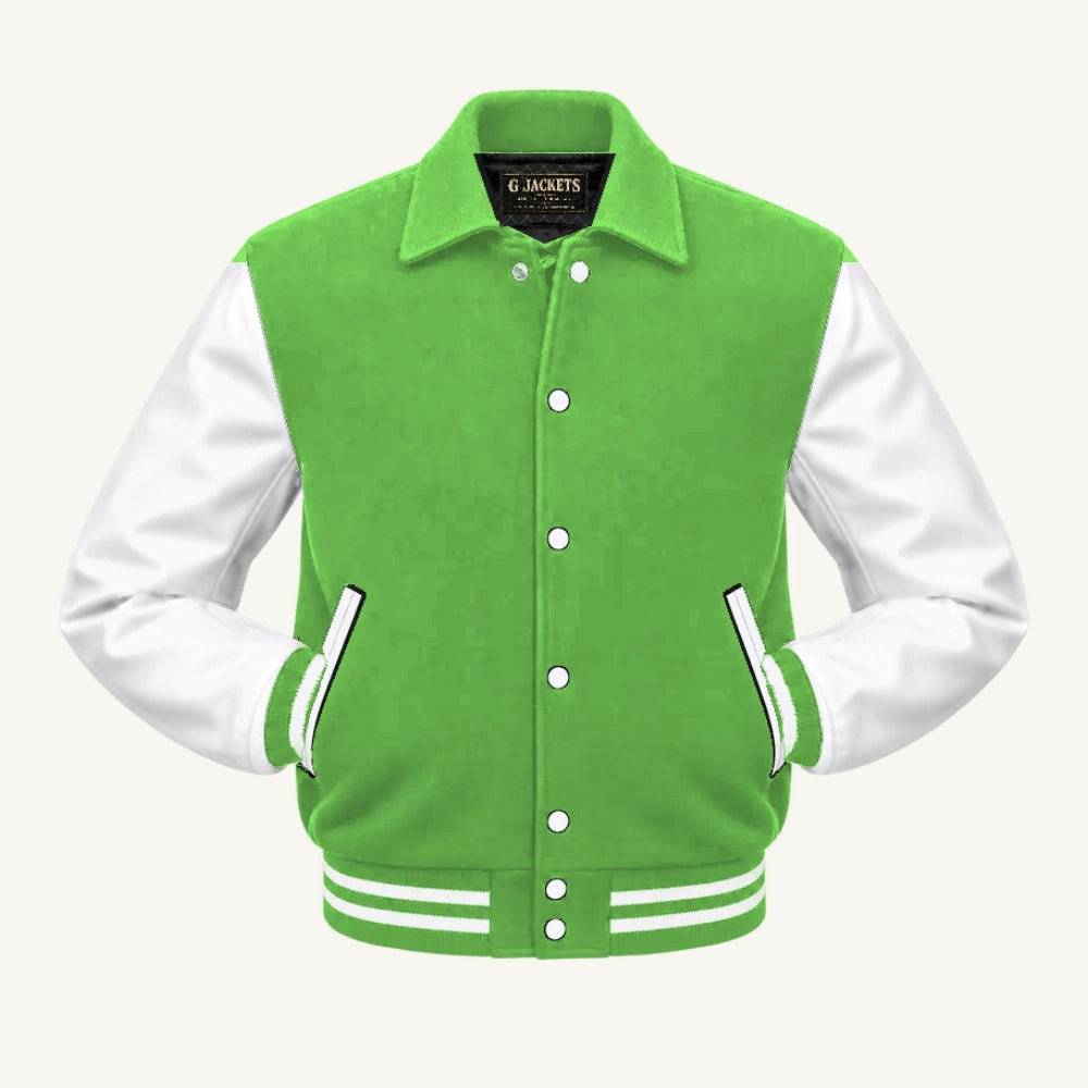 G Jackets Fold-Collar Wool & Genuine Leather Jacket, Lime Green/White, front view