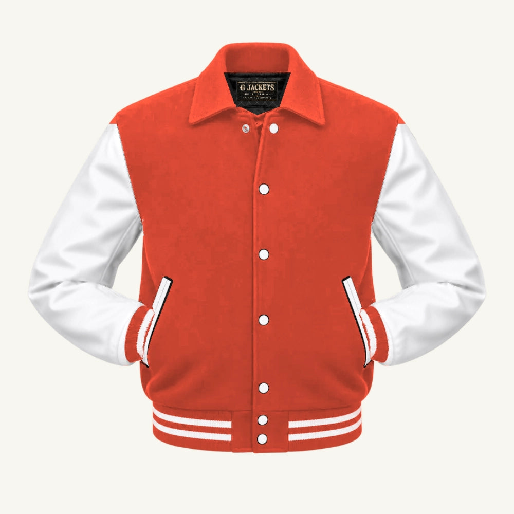 G Jackets Fold-Collar Wool & Genuine Leather Jacket, Orange/White, front view