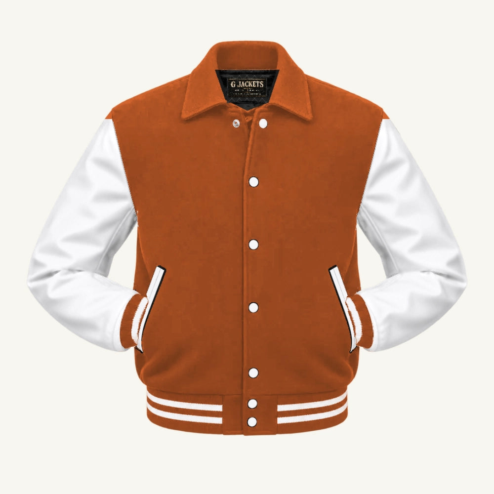 G Jackets Fold-Collar Wool & Genuine Leather Jacket, Texas Orange/White, front view