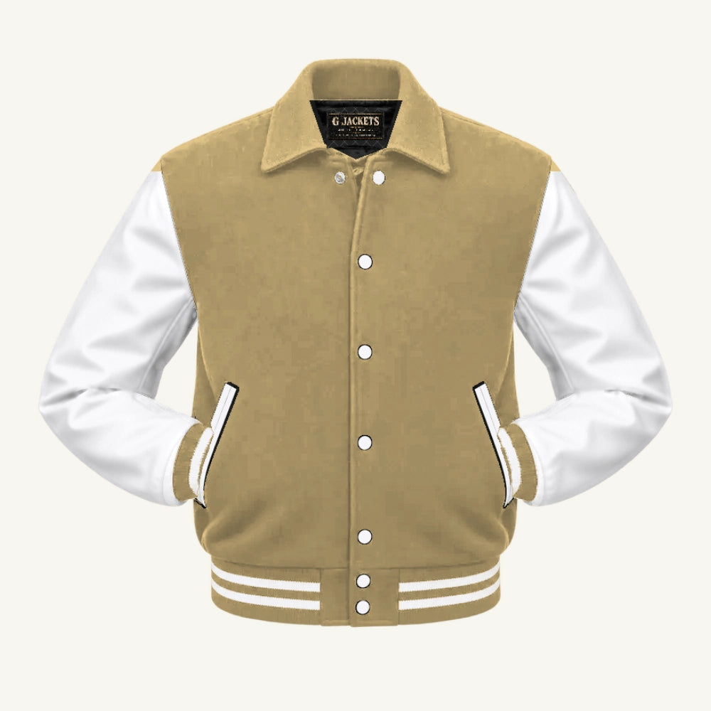 G Jackets Fold-Collar Wool & Genuine Leather Jacket, Tan/White, front view
