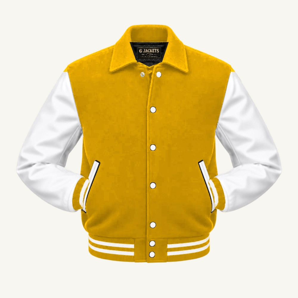 G Jackets Fold-Collar Wool & Genuine Leather Jacket, Gold/White, front view