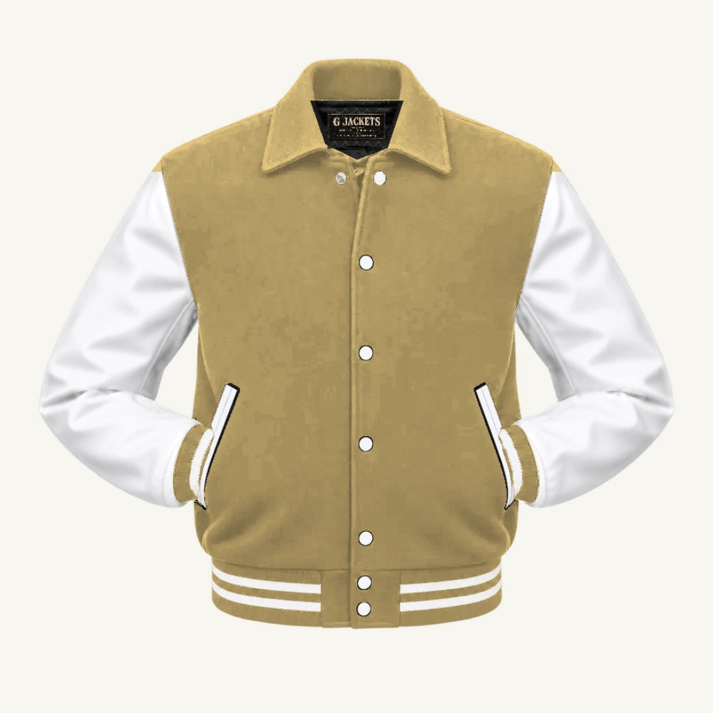 G Jackets Fold-Collar Wool & Genuine Leather Jacket, Vegas Gold/White, front view