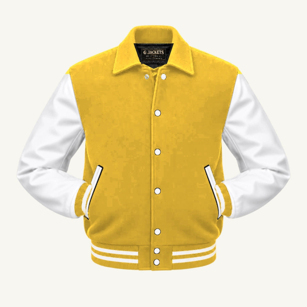G Jackets Fold-Collar Wool & Genuine Leather Jacket, Yellow/White, front view