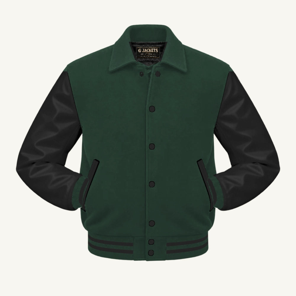 G Jackets Fold-Collar Wool & Genuine Leather Jacket, Forest Green/Black, front view