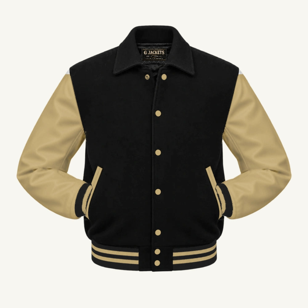 G Jackets Fold-Collar Wool & Genuine Leather Jacket, Black/Tan, front view